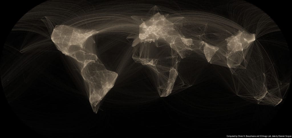 Die Welt als Theater der Daten – mit der Betrachterin im Weltraum. Im Bild: Wissenschaftliche Kooperationen zwischen Forscher*innen unterschiedlicher Städte (Beauchesne 2014)