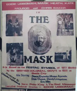 Filmplakat von The Mask (1979). Die Hauptfigur Obi, gespielt von Eddie Ugbomah, versucht ins British Museum einzubrechen, um eine Maske aus dem Benin nach Nigeria zurückzubringen.