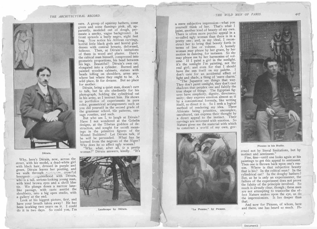Im Bild rechts: Picasso in seinem Atelier, im Hintergrund afrikanische Masken. Die Seite stammt aus der Reportage Burgess. Gelett. 1910. „The Wild Men of Paris“, <em>Architectural Record</em>.