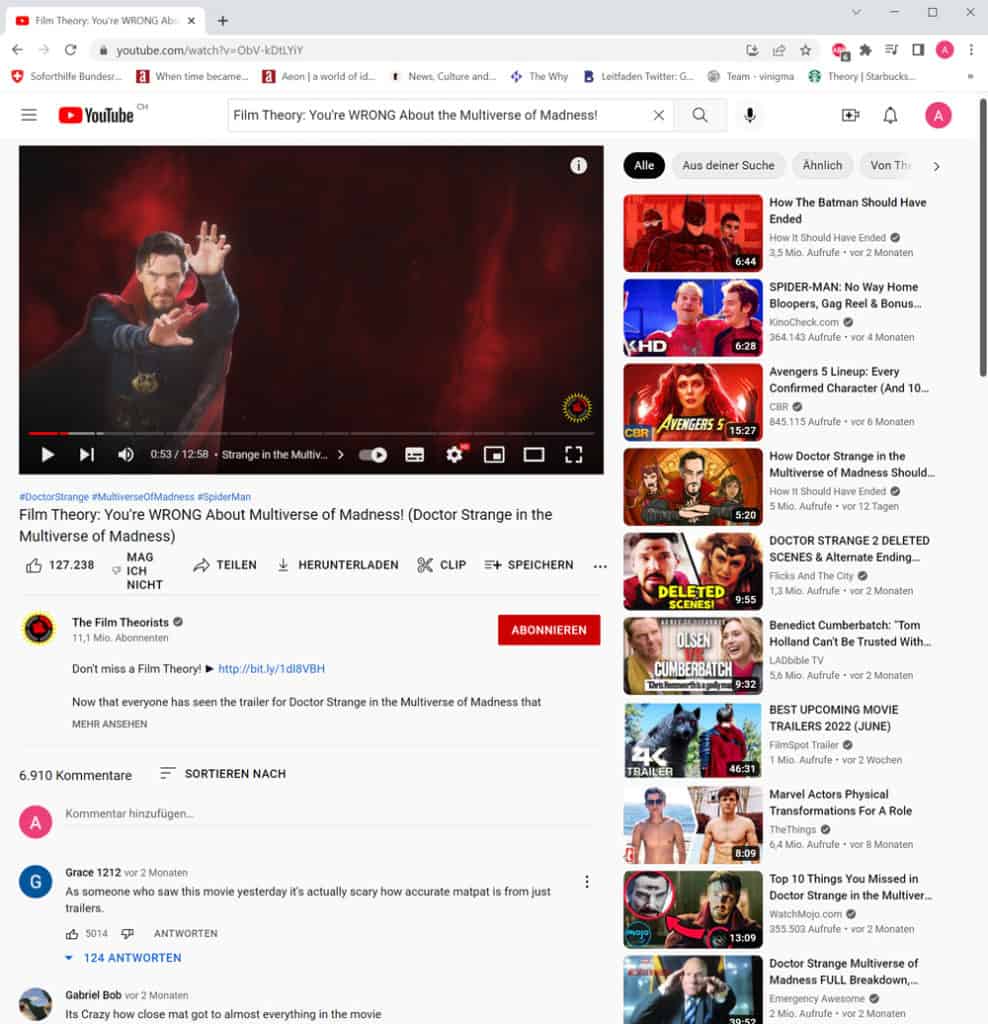 Screenshot des YouTube Beitrags "Film Theory: You're WRONG About the Multiverse of Madness! (Doctor Strange in the Multiverse of Madness)” von <em>The Film Theorists</em>, gepostet am 15.01.2022 und mehr als 6000 Mal kommentiert.
