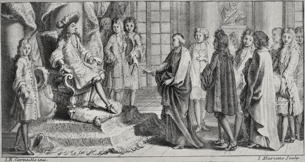 Mittel und Medium der Sprachnormierung: Mitglieder der <em>Académie française</em> überreichen 1694 Ludwig XIV. das erste französische Wörterbuch.